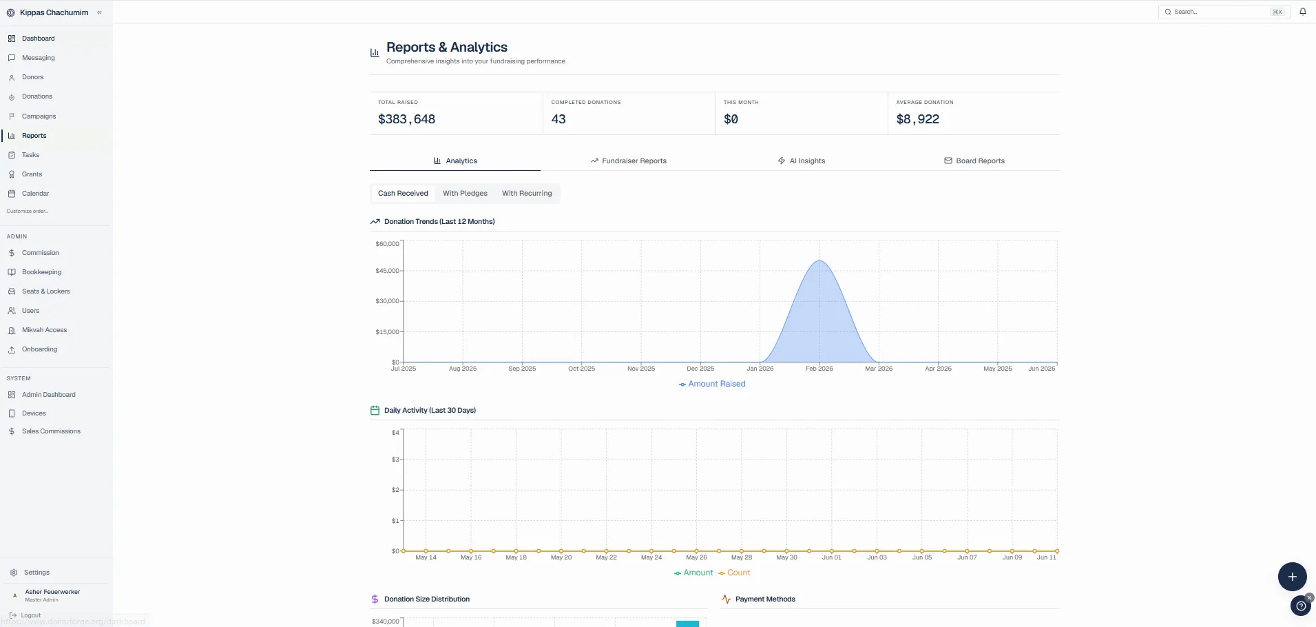 DonorForge reporting dashboard showing fundraising totals, campaigns, and donor trends